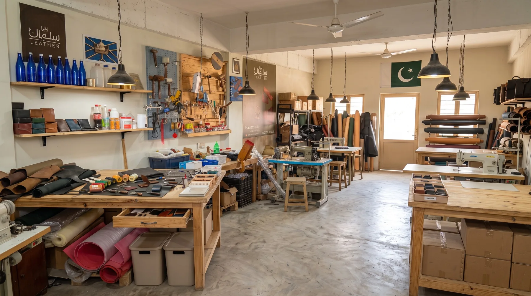 The Bin Salman workshop: cutting benches, thread, rolled hides and sewing machines