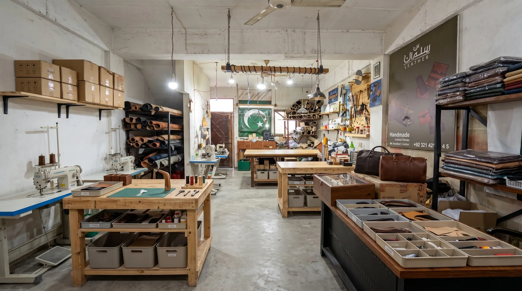 Workbenches, sewing machines, stacked hides and finished bags in the factory